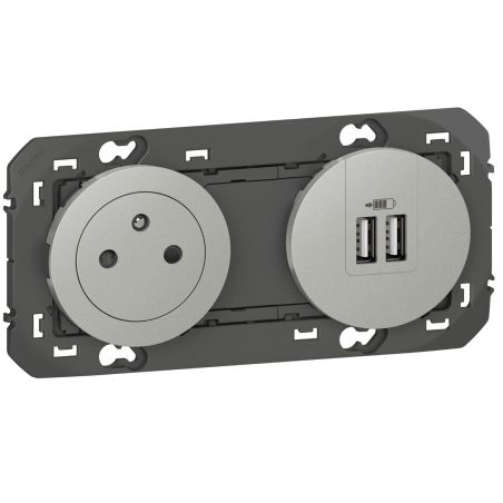 600442 Legrand - Dooxie Prise de courant 2P+T Surface 16A + 2 USB Type-A 3A précâblées - Aluminium