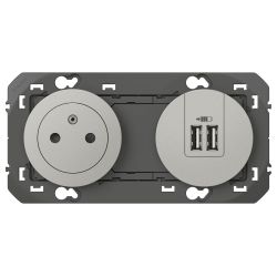 600442 Legrand - Dooxie Prise de courant 2P+T Surface 16A + 2 USB Type-A 3A précâblées - Aluminium