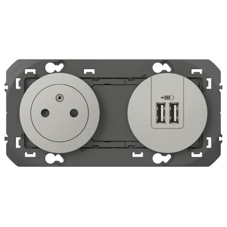 600442 Legrand - Dooxie Prise de courant 2P+T Surface 16A + 2 USB Type-A 3A précâblées - Aluminium