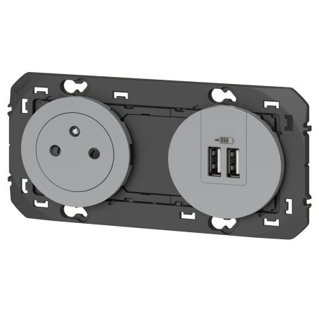 600442 Legrand - Dooxie Prise de courant 2P+T Surface 16A + 2 USB Type-A 3A précâblées - Aluminium