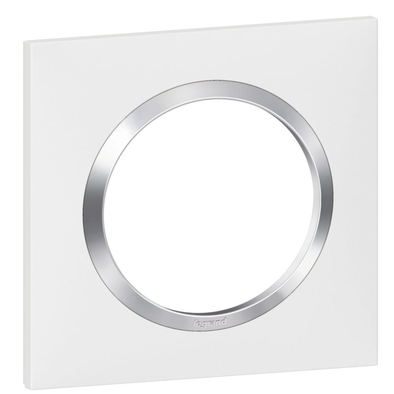 600841 Legrand - Dooxie Plaque de finition carrée 1 poste avec bague effet chrome - Blanc bague chrome