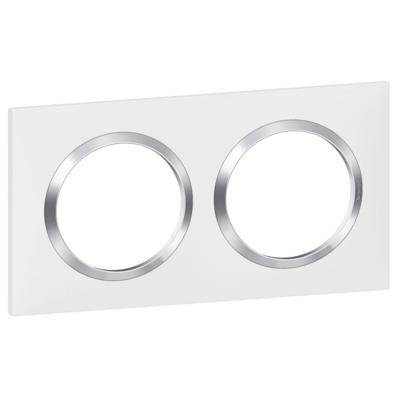 600842 Legrand - Dooxie Plaque de finition carrée 2 postes avec bague effet chrome - Blanc bague chrome