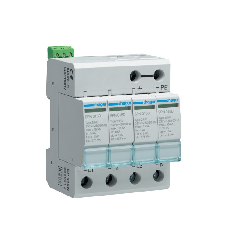 SPN415D Hager - Parafoudre tétrapolaire de type 2  - 15 kA - report de signalisation