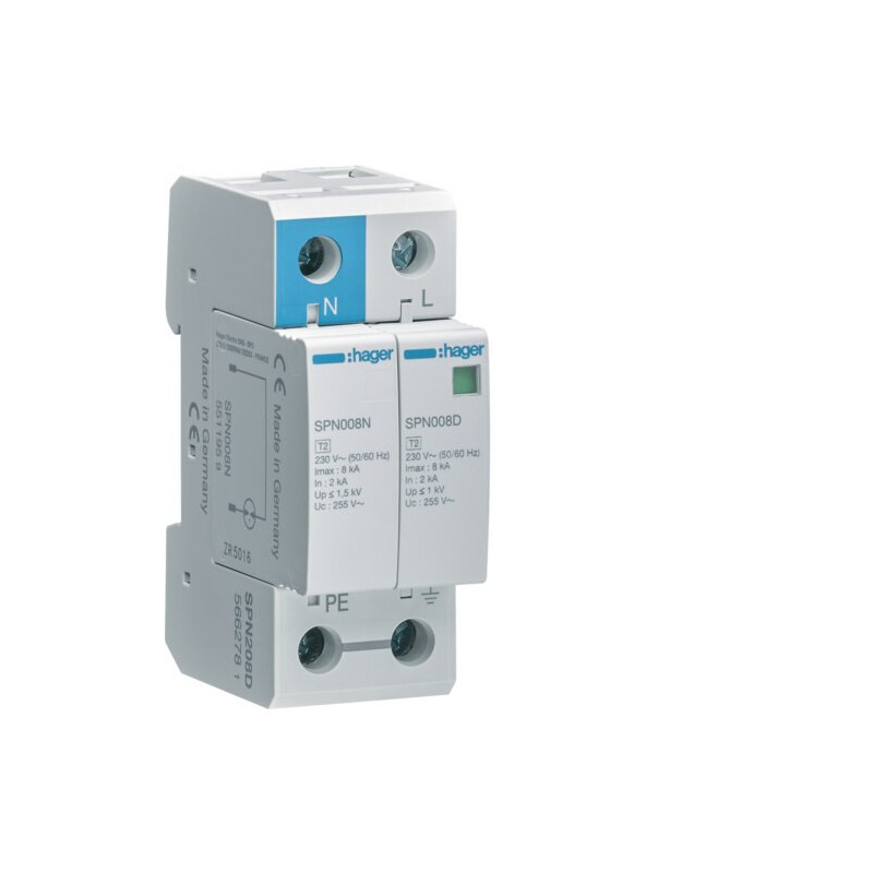 SPN208D Hager - Parafoudre bipolaire de type 2  - 8 kA - report de signalisation