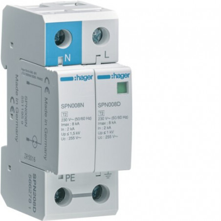 SPN208D Hager - Parafoudre bipolaire de type 2  - 8 kA - report de signalisation