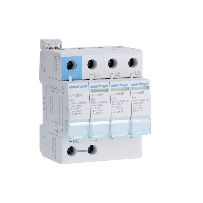 SPN465R Hager - Parafoudre tétrapolaire de type 2  - 65 kA - report de signalisation