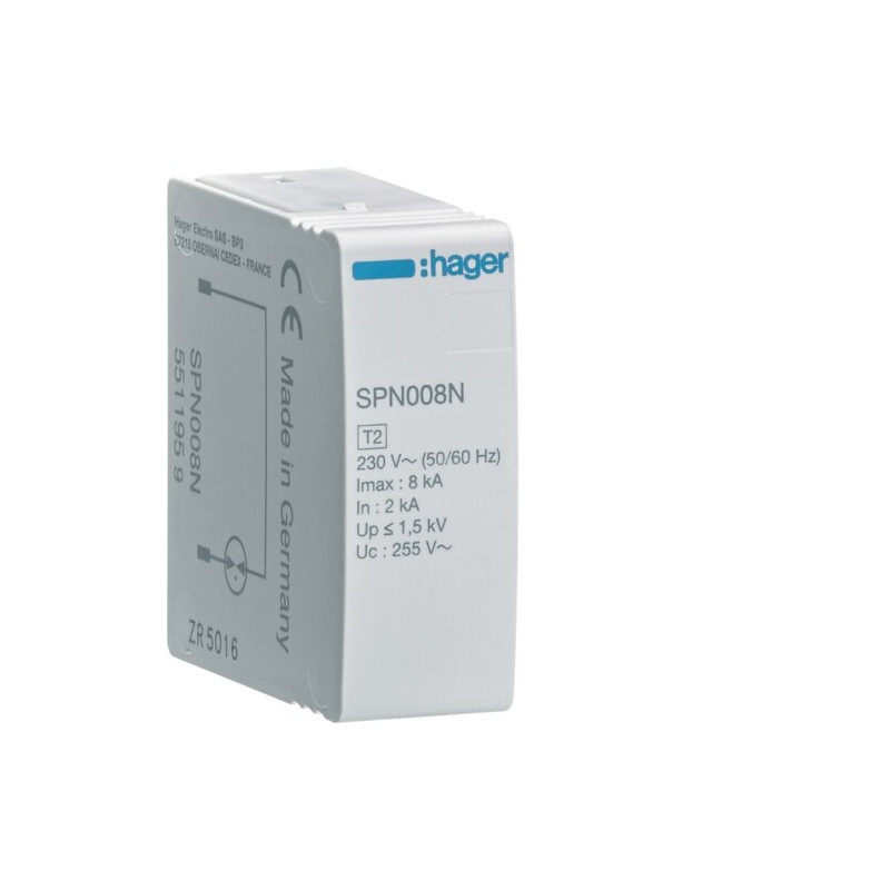 SPN008N Hager - Cartouche pour Parafoudre unipolaire de type 2 - 40 kA
