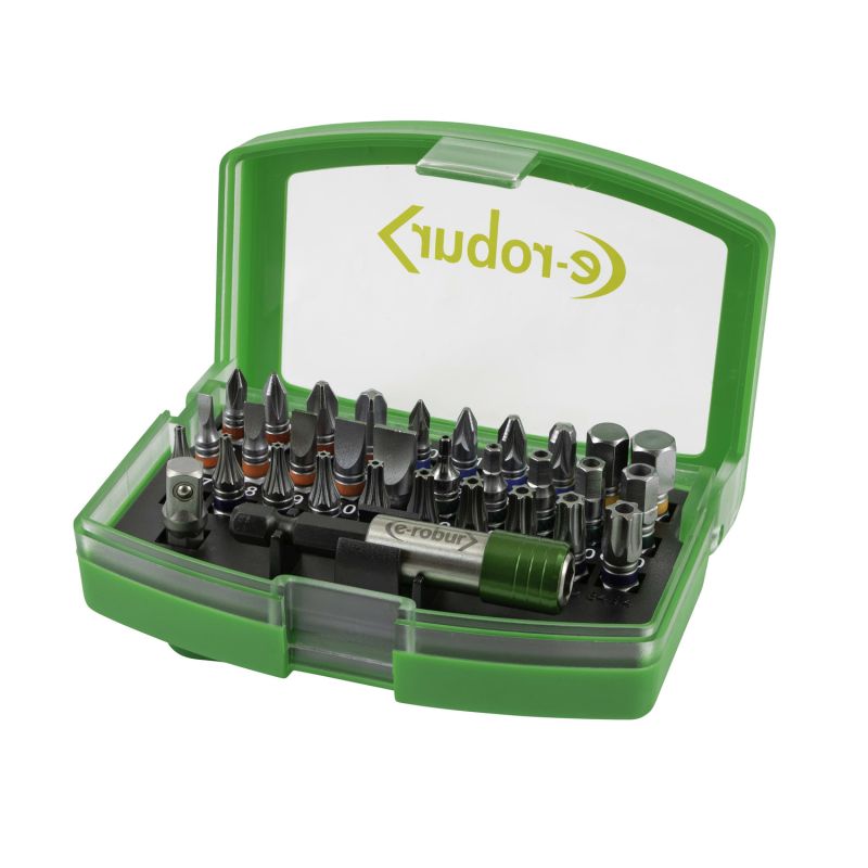084370 AGI Robur - Boîtier de vissage avec 30 embouts 25 mm et porte-embout (Phillips, Pozidriv, Torx, Plats, Hexagonaux)