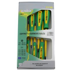 412100 AGI Robur - Coffret 6 tournevis isolés 1000V bimatière. PZ 1 - PZ 2, plat 3 x 100 - 4 x 100 - 5,5 x 125 - 6,5 x 150mm