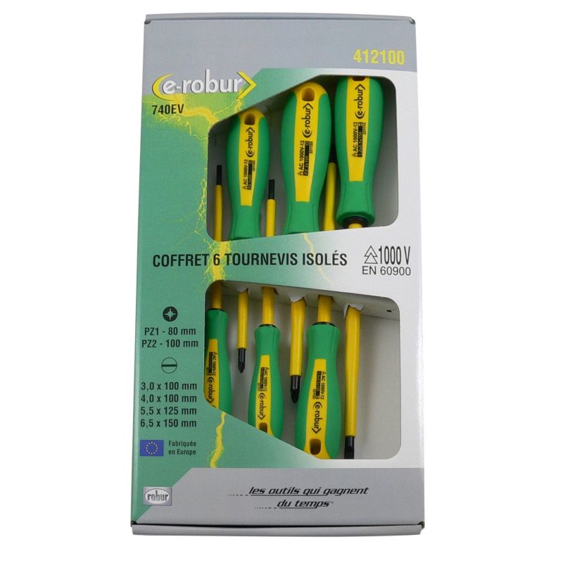 412100 AGI Robur - Coffret 6 tournevis isolés 1000V bimatière. PZ 1 - PZ 2, plat 3 x 100 - 4 x 100 - 5,5 x 125 - 6,5 x 150mm