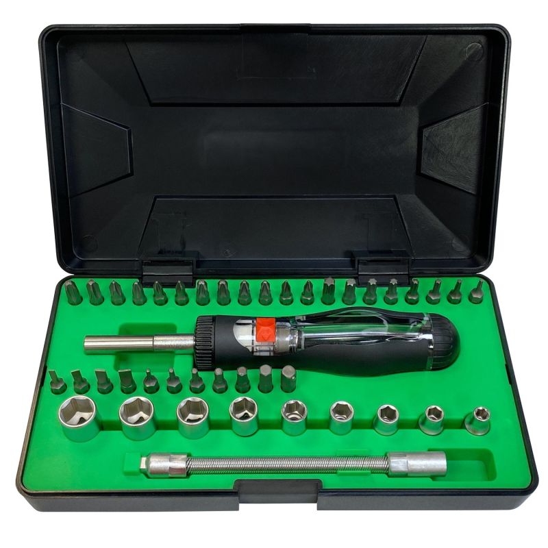 221191 AGI Robur - Coffret tournevis à cliquet réversible magnétique avec embouts et douilles - 42 pièces