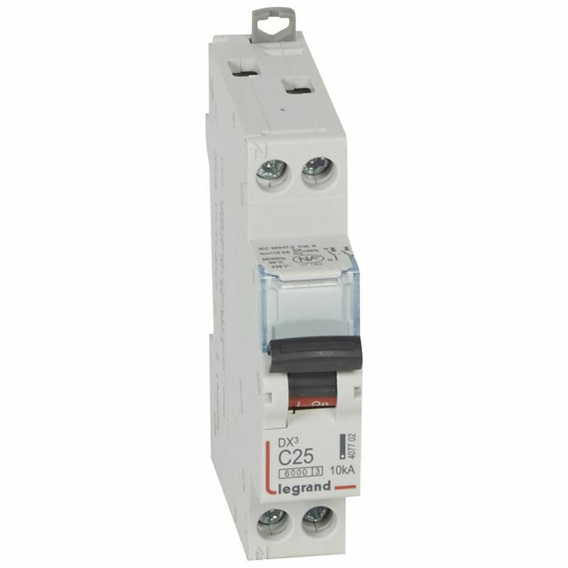 407702 Disjoncteur unipolaire + neutre 25A - 1P+N Courbe C - 6/10kA - À vis - Legrand DX3