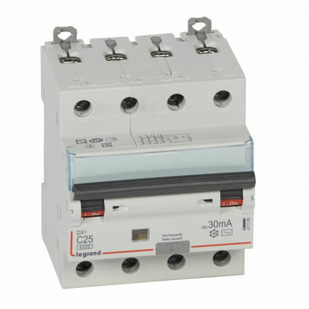 411188 Legrand  Disjoncteur différentiel tétrapolaire 25A 30mA type AC - DX³6000 10kA 4P