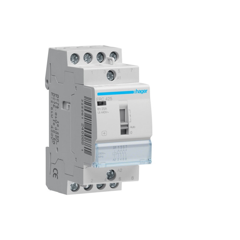 ERC425 Hager - Contacteur à commande manuellet étrapolaire 25A 4NO - bobine 230Vca