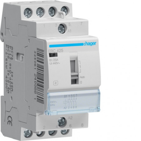 ERC425 Hager - Contacteur à commande manuellet étrapolaire 25A 4NO - bobine 230Vca