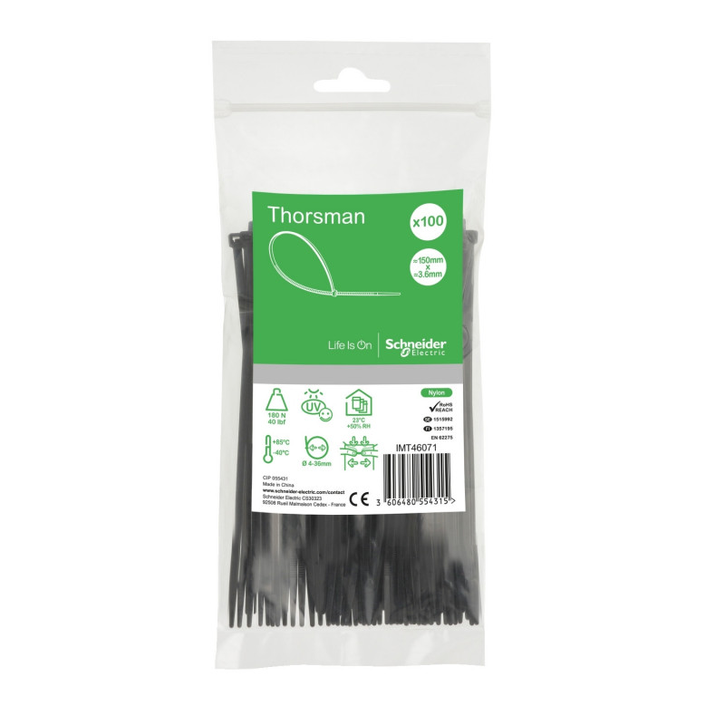 Schneider - Collier de serrage plastique en rilsan noir 150x3,6mm - nylon - lot de 100 colliers serre-câbles