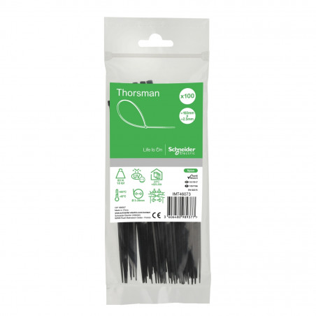 Thorsman - Colliers de serrage rilsan noir 160x2,5mm - nylon - lot de 100 colliers serre-câbles