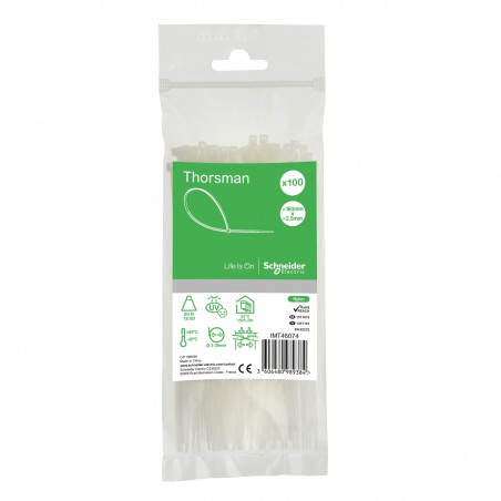 Lot de 100 colliers Rilsan blanc 160x2,5mm - Ultra résistant Polyamide 6.6 - Schneider