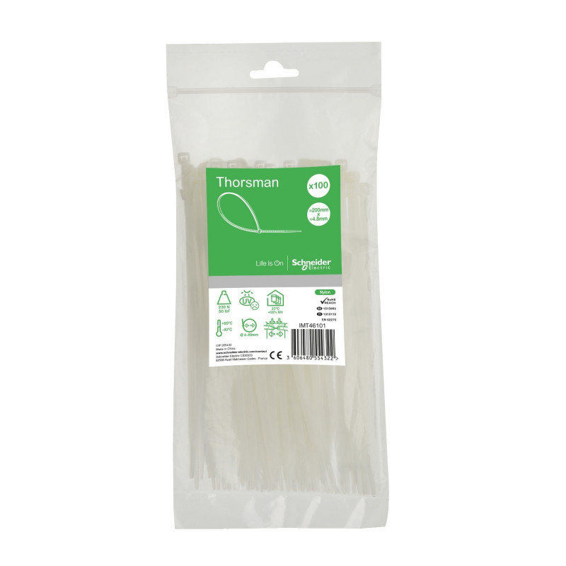 Lot de 100 colliers de serrage pour câble 200x4,8mm - Ultra résistant Polyamide 6.6 - Schneider