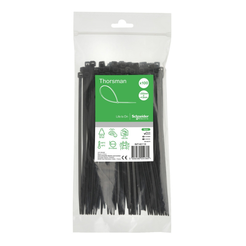 Schneider - Collier de serrage plastique en rilsan noir 200x4,8mm - nylon - lot de 100 colliers serre-câbles