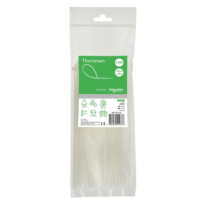 Lot de 100 colliers serre câble plastique blanc 200x3,6mm - Ultra résistant Polyamide 6.6 - Schneider