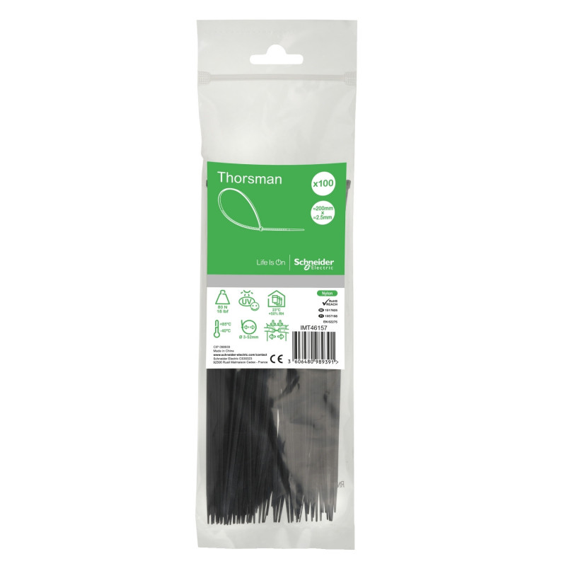 Schneider - Collier de serrage plastique en rilsan noir 200x2,5mm - nylon - lot de 100 colliers serre-câbles
