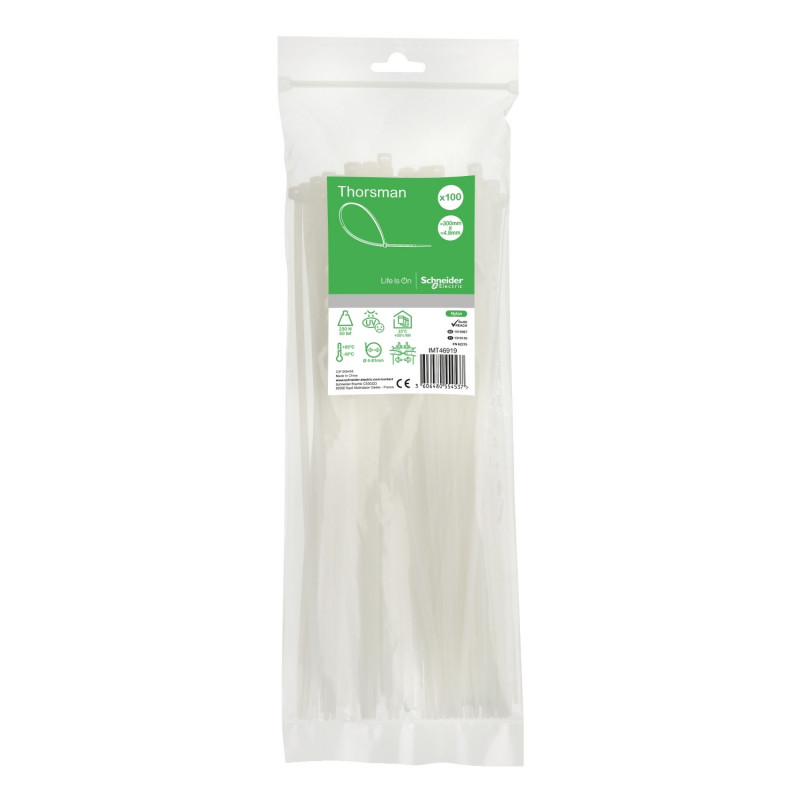 Lot de 100 colliers serre câble plastique blanc 300x4,8mm - Ultra résistant Polyamide 6.6 - Schneider
