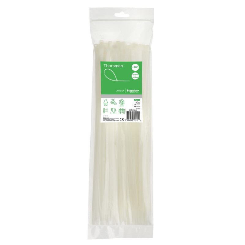 Lot de 100 colliers serre câble plastique blanc 370x4,8mm - Ultra résistant Polyamide 6.6 - Schneider