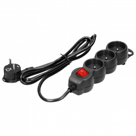 Multiprise noire 3 prises 2P+T 16A 230V avec interrupteur lumineux + cordon 3G1mm² longueur 1,5m