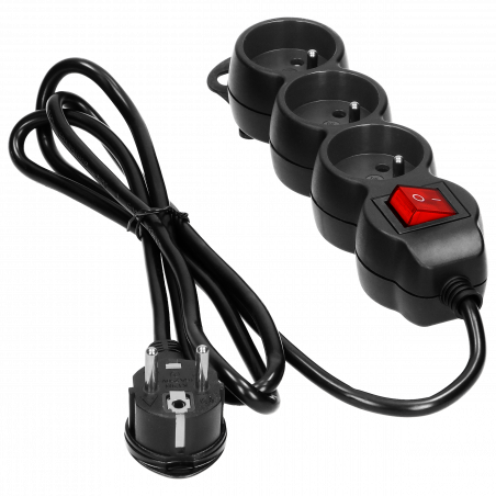 Multiprise noire 3 prises 2P+T 16A 230V avec interrupteur lumineux + cordon 3G1mm² longueur 1,5m