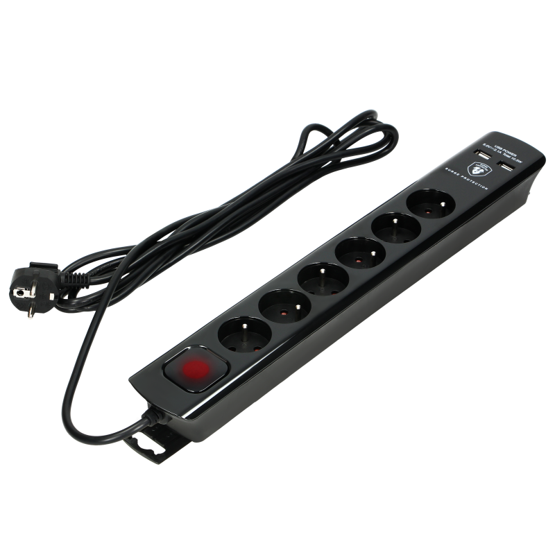Multiprise parafoudre 6 prises + 2 chargeurs USB + interrupteur luminueux + cordon 3G1mm² longueur 3m