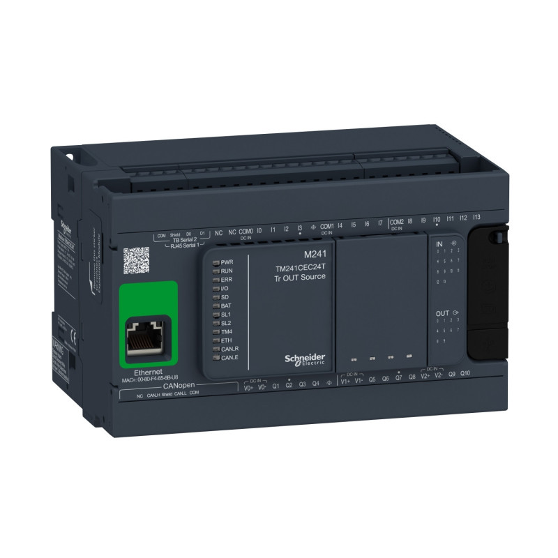 TM241CEC24T Schneider - Automate Modicon M241 - Contrôleur 24 entrées/sorties - 24Vcc - PNP - Ethernet+CANopen+2 série