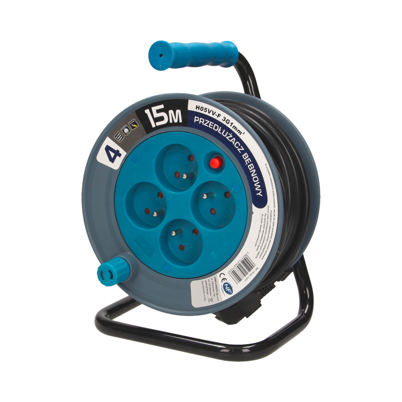 Enrouleur électrique 15m - 4 prises 2P+T - HO5VVF 3G1mm² - Support en métal