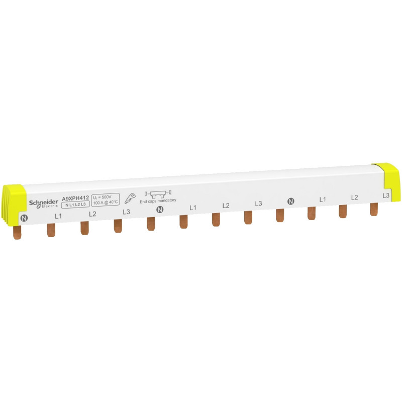 A9XPH412 Schneider Peigne tétrapolaire pour disjoncteur 4P - Pas 18mm - 12 modules - Acti9 iC60