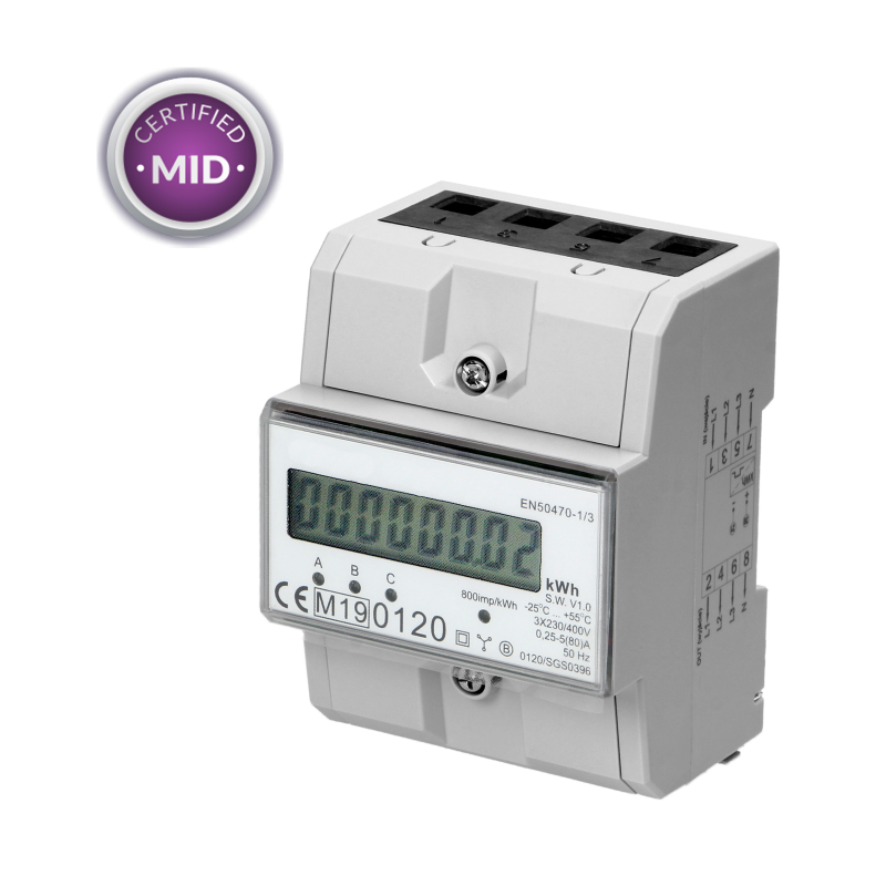 Compteur électrique triphasé - 80A certifié MID avec affichage digital et sortie impulsionnelle