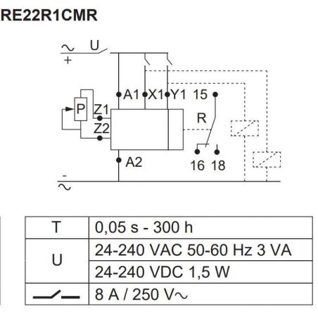 RE22R1CMR Schneider - Relais temporisé - 1OF (inverseur) - C Ct - 1s à 300h - 24V à 240VACDC - Zelio Time
