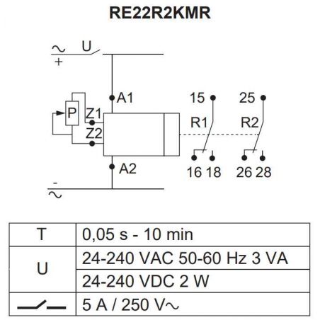 RE22R2KMR Schneider - Relais temporisé - 2OF (inverseur) - K - 1s à 10mn - 24V à 240VACDC - Zelio Time