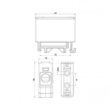 Connecteur alu cuivre gris pour câble de section 2,5 à 35mm² - 1000V AC/DC - Fixation rail DIN
