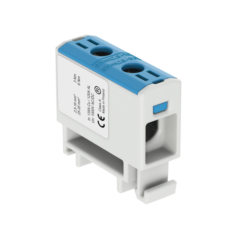 Connecteur alu cuivre bleu pour câble de section 2,5 à 35mm² - 1000V AC/DC - Fixation rail DIN