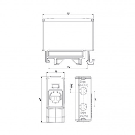 Connecteur alu cuivre bleu pour câble de section 2,5 à 35mm² - 1000V AC/DC - Fixation rail DIN