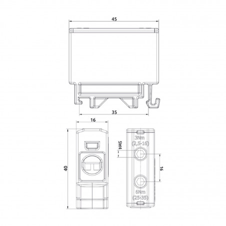 Connecteur alu cuivre vert jaune pour câble de section 2,5 à 35mm² - 1000V AC/DC - Fixation rail DIN