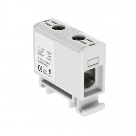 Connecteur alu cuivre gris pour câble de section 1,5 à 50mm² - 1000V AC/DC - Fixation rail DIN