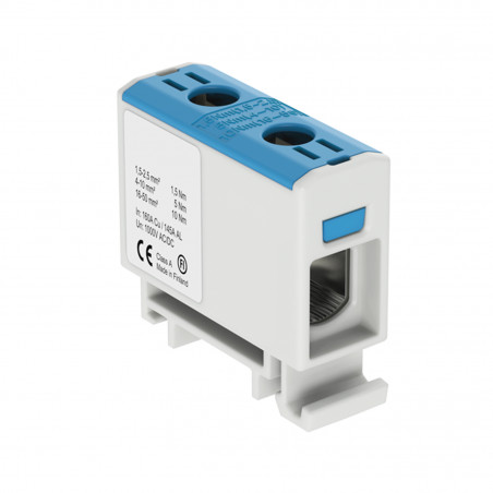 Connecteur alu cuivre bleu pour câble de section 1,5 à 50mm² - 1000V AC/DC - Fixation rail DIN