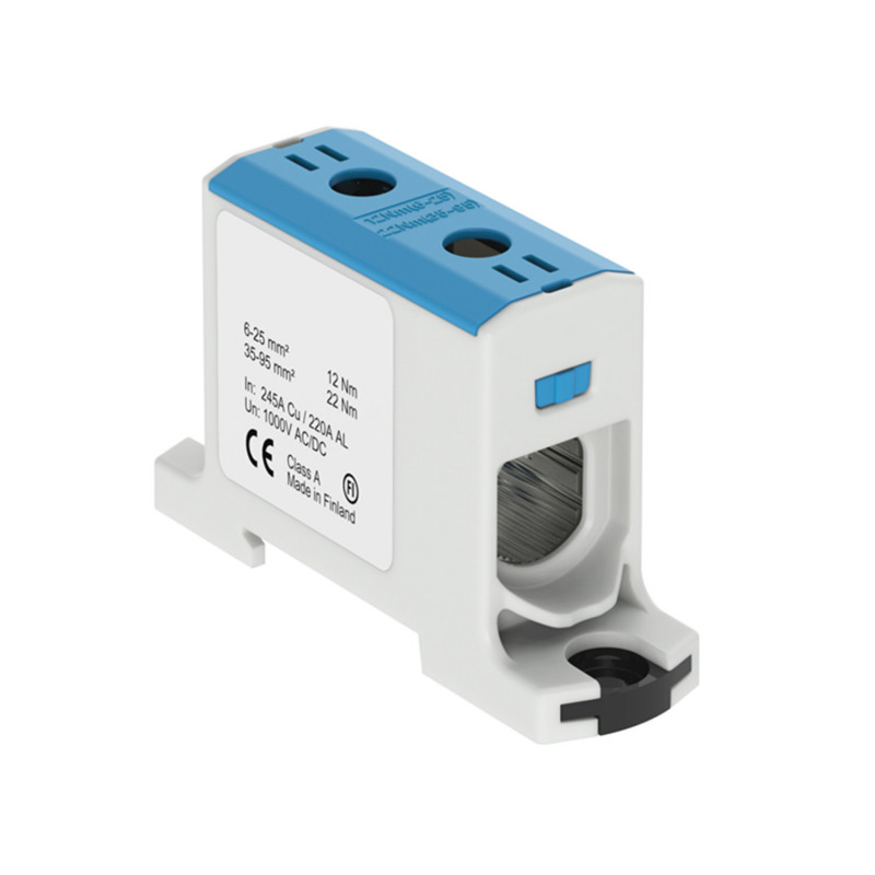 Connecteur alu cuivre bleu pour câble de section 6 à 95mm² - 1000V AC/DC - Fixation rail DIN