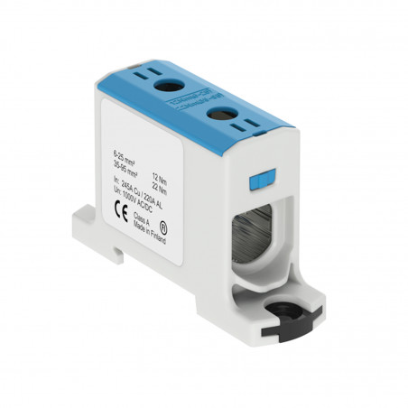 Connecteur alu cuivre bleu pour câble de section 6 à 95mm² - 1000V AC/DC - Fixation rail DIN