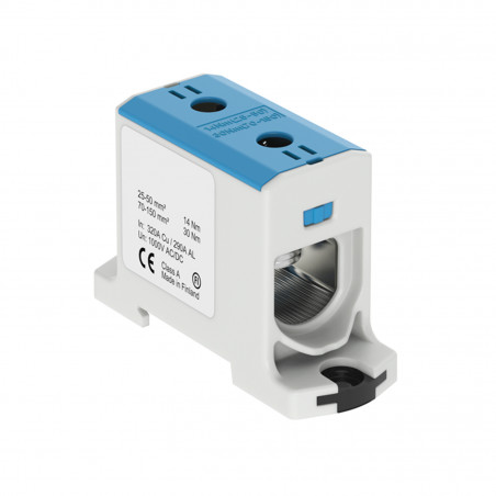 Connecteur alu cuivre bleu pour câble de section 25 à 150mm² - 1000V AC/DC - Fixation rail DIN