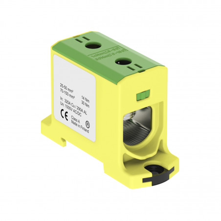 Connecteur alu cuivre vert jaune pour câble de section 25 à 150mm² - 1000V AC/DC - Fixation rail DIN