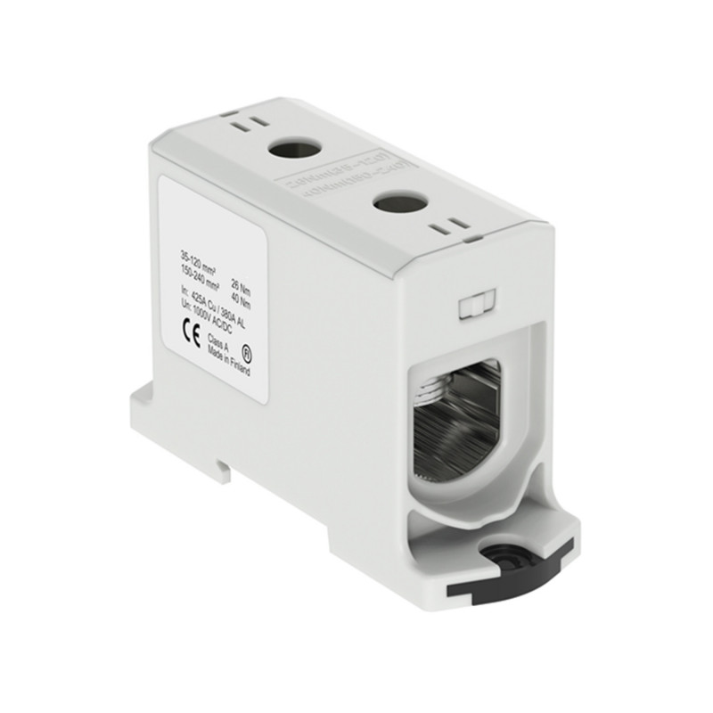 Connecteur alu cuivre gris pour câble de section 35 à 240mm² - 1000V AC/DC - Fixation rail DIN