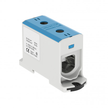 Connecteur alu cuivre bleu pour câble de section 35 à 240mm² - 1000V AC/DC - Fixation rail DIN