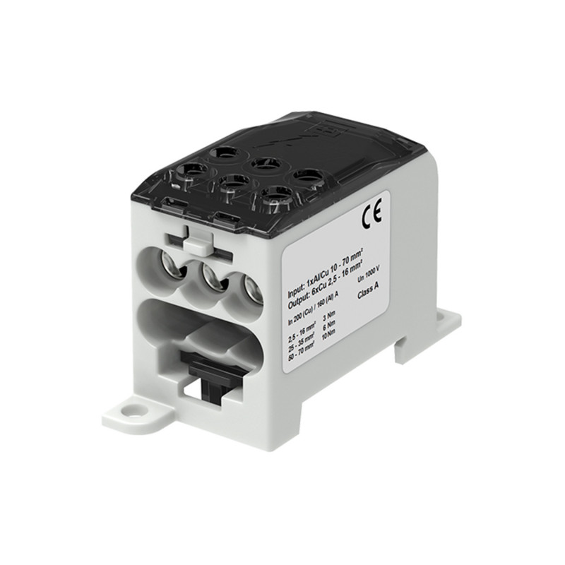 Bloc de distribution alu cuivre noire - 1 entrée 70mm² - 6 sorties 2,5 à 16mm² - 1000V AC/DC